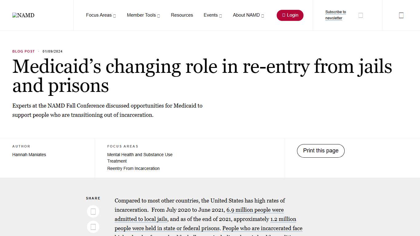 Medicaid’s changing role in re-entry from jails and prisons - National Association of Medicaid Directors